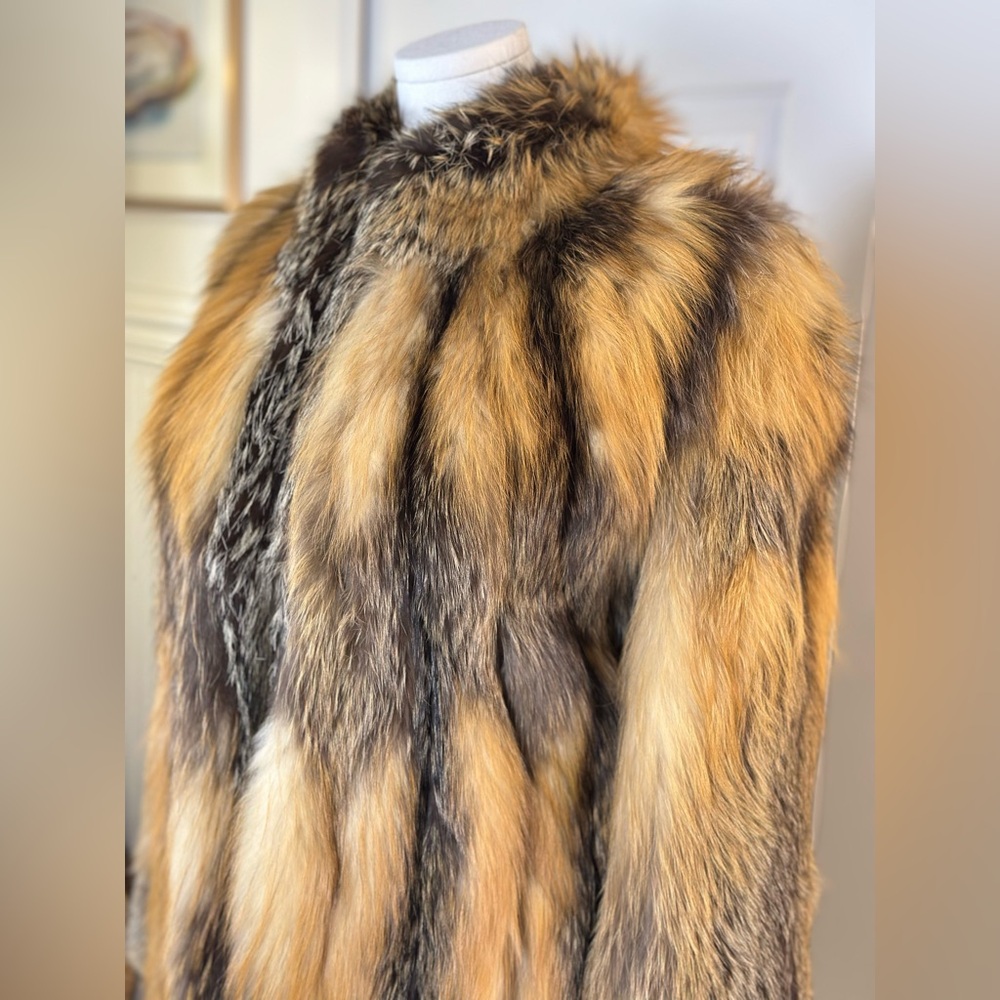 Long Golden Brown Fox Fur Trench Coat - Picture 3 of 14